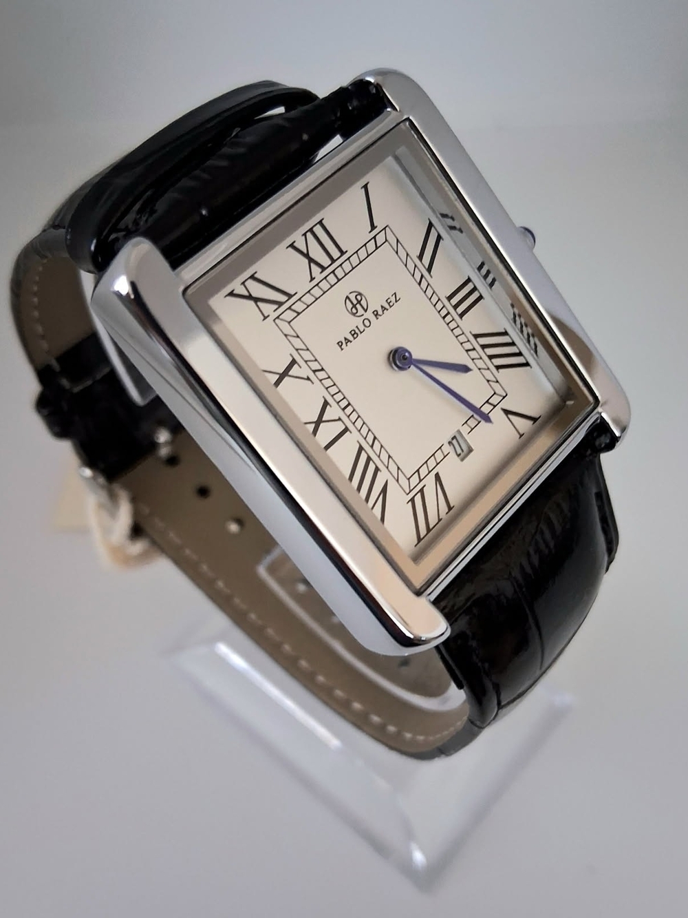 Pablo Raez Men's Black Leather Strap Silver-Tone Rectangular Watch